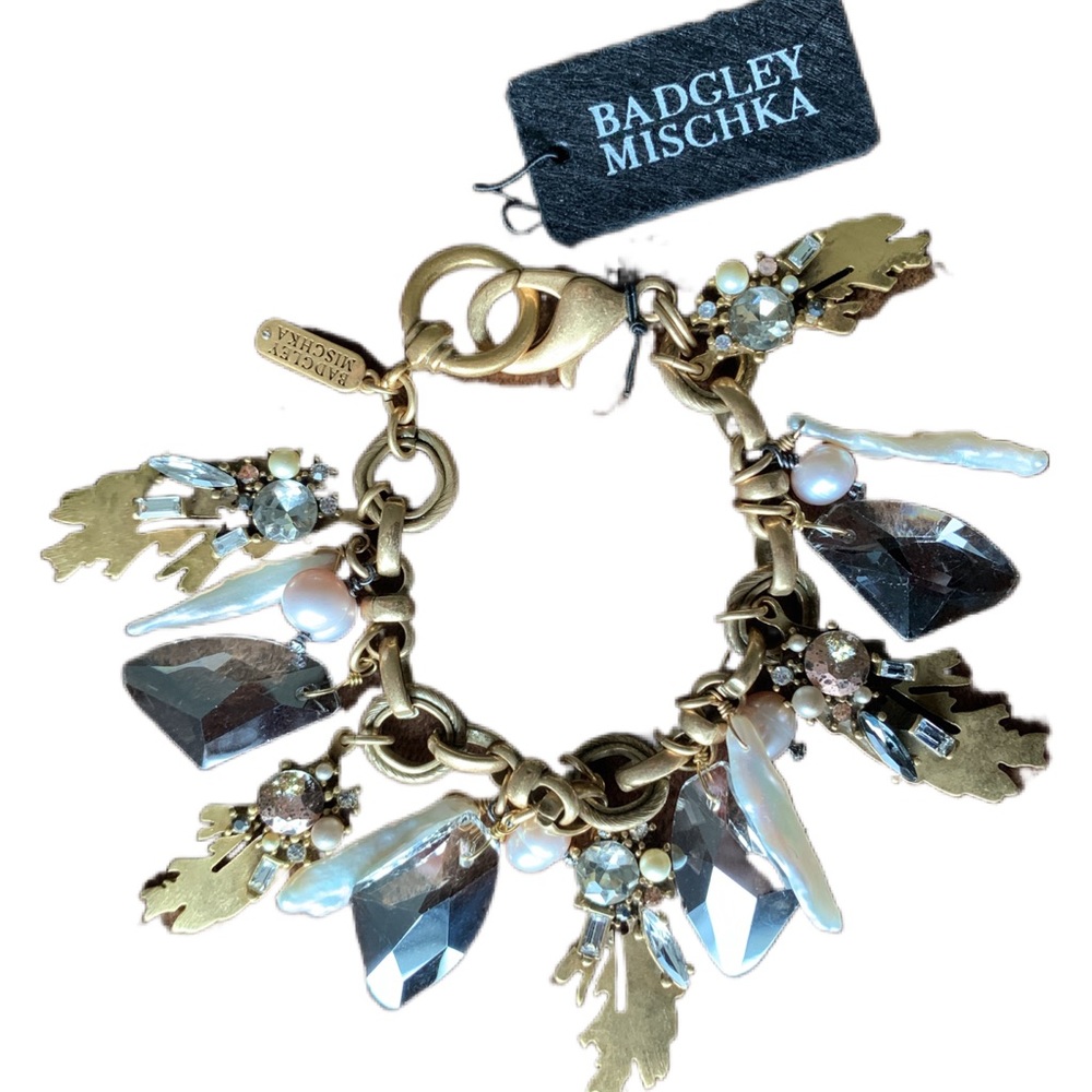 Badgley Mischka Gold Bracelet with Rhinestones & Mother of Pearl Charms